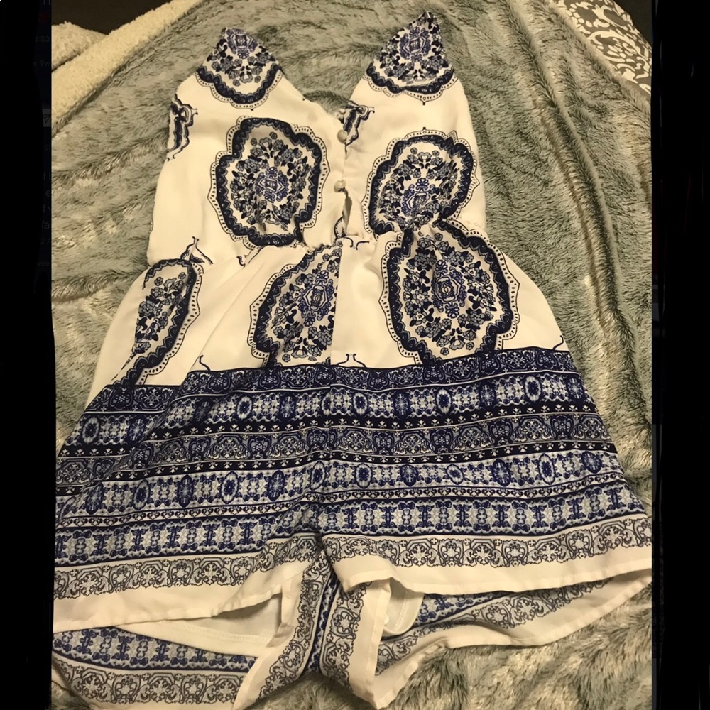 white & blue print romper